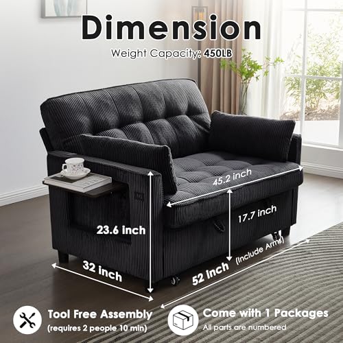 Sleeper Sofa Bed, 52‘’ Convertible Pull Out Couch with Small Table| USB Port | Side Pockets | Corduroy Fabric | Adjustable Backrest for Apartment