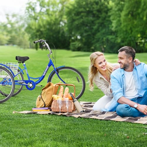 7-Speed Adult Tricycle with Large Basket 24/26 Inch, Stable 3-Wheel Cruise Bicycle for Shopping, Beach and City Trike Perfect for Men, Women