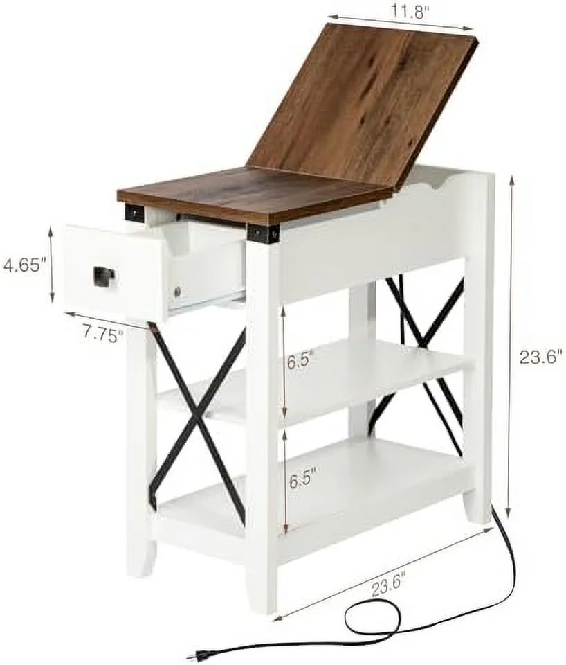 RUNFAYBIU Narrow End Table with Charging Station