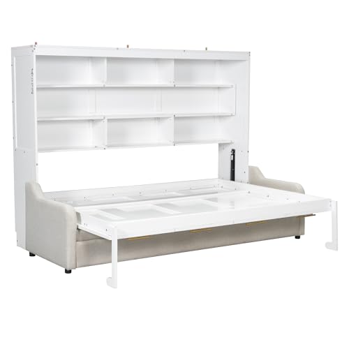 Queen Size Murphy Bed with Sofa, Shelves, USB & Light, Can be Folded Wall Bed and Tall Cabinet with Glass Doors& Wine Rack