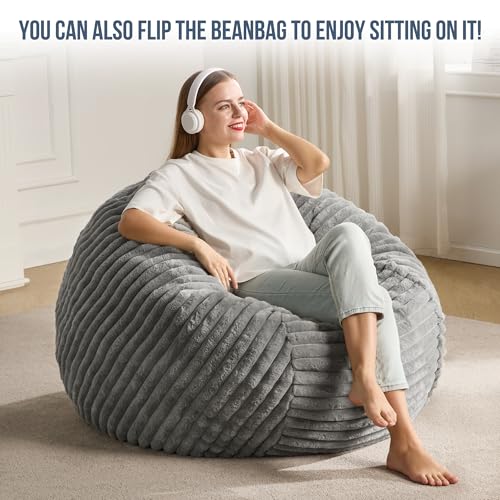 Hobestluk 5ft Bean Bag Chairs for Adults Large Beanbag Chair with Stripe Plush Cover Big Bean Bag Chair for Living Room Bedroom Dorm Office -Black