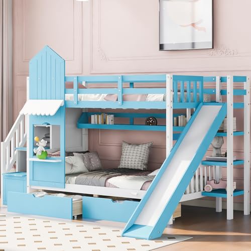 Harper & Bright Designs Twin Over Twin Bunk Bed with Stairs and Slide, Solid Wood Bunk Bed Frame with Storage Drawers and Bookshelf