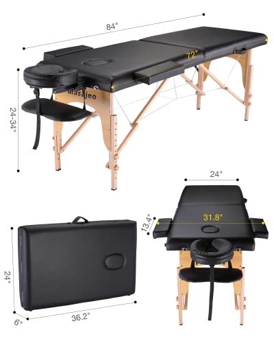 Portable Massage Table Massage Bed Professional SPA Reiki Eyelash Salon Bed, Wooden Frame Height Adjustment & Accessories, Black (3-Section)