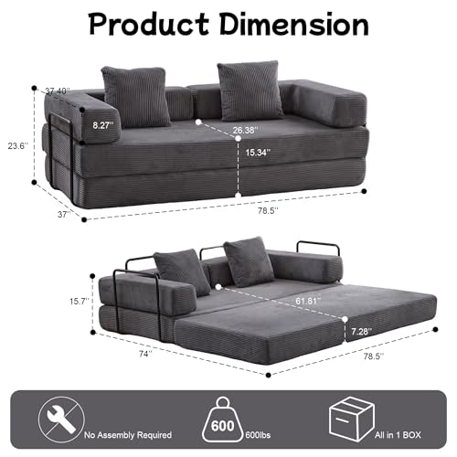 Convertible Floor Sofa Bed, Foldable Mattress Cloud Couch with Pillow Back & Armrest, Chenille Sleeper Sofa Bed with Fixed-Shape Frame