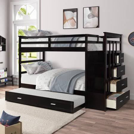 Twin Over Twin Bunk Bed, Modern Solid Wood Bunk Bed with 4 Storage Drawers, Trundle and Staircase, Espresso Bunk Beds Twin Over
