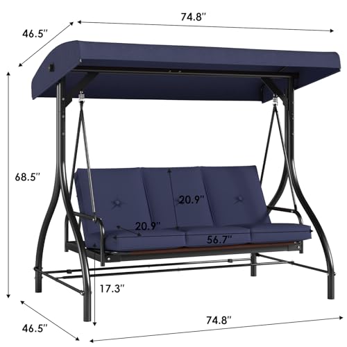 TLSUNNY 3-Seat Outdoor Patio Porch Swing with Adjustable Canopy & Backrest, Convertible Glider Bed with Stand, Removable Seat Cushion
