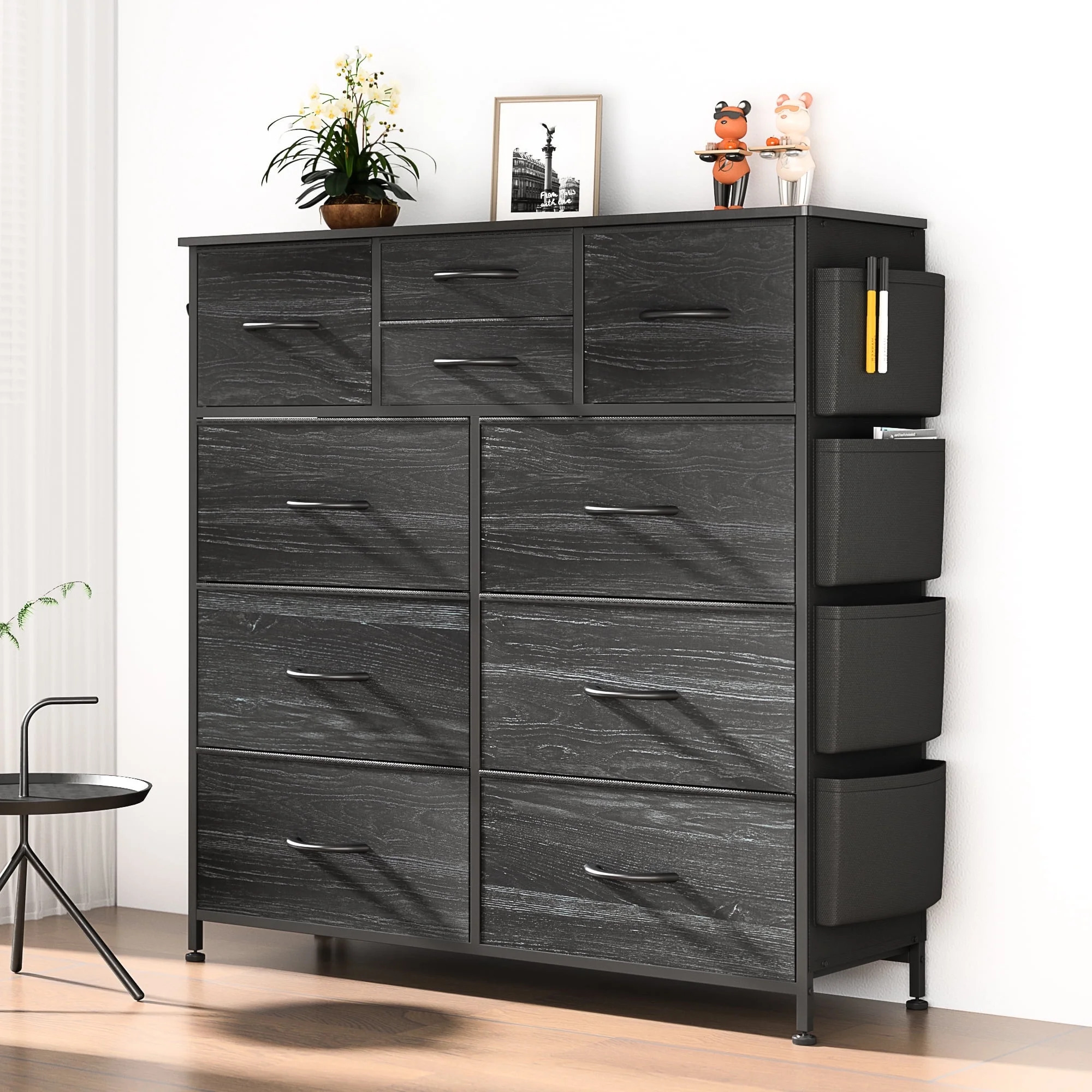GIKPAL 10 Drawer Dresser, Chest of Drawers for Bedroom Fabric Dressers with Side Pockets and Hooks, Brown