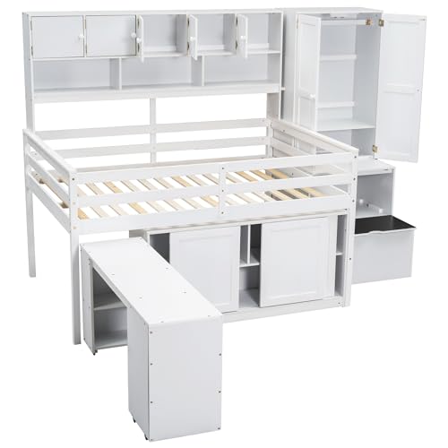 Harper & Bright Designs Full Size Loft Bed with Wardrobe, Wooden Full Loft Bed Frame Big Storage with Under-Bed Desk, Drawers and Shelves, Gray
