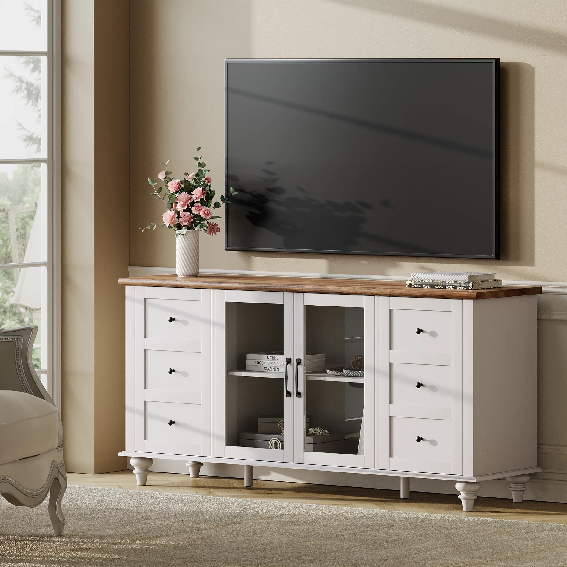 WAMPAT 4-Door Farmhouse TV Stand for TVs Up to 65 inch,Glass and Wood Universal TV Stand with 4 Storage Cabinets