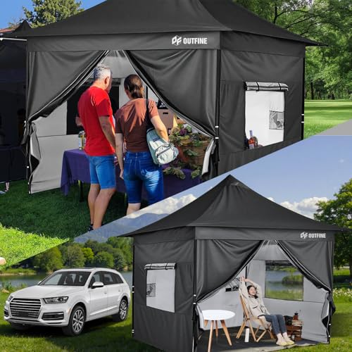 OUTFINE Heavy Duty Canopy 10x10 Pop Up Commercial Canopy Tent with 3 Side Walls Instant Shade, Bonus Upgrade Roller Bag, 4 Weight Bags