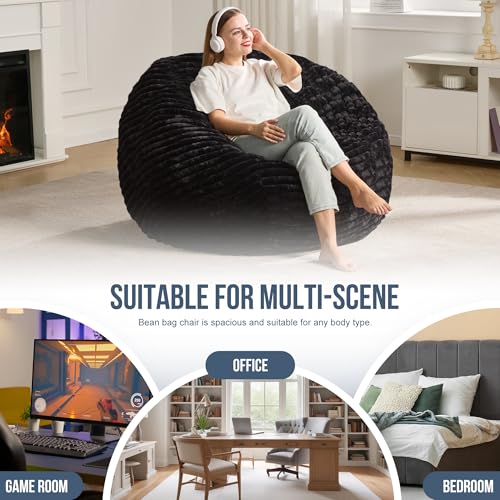 Hobestluk 5ft Bean Bag Chairs for Adults Large Beanbag Chair with Stripe Plush Cover Big Bean Bag Chair for Living Room Bedroom Dorm Office -Black
