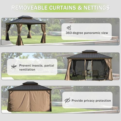 Domi 10’ x 10’ Hardtop Gazebo Metal Frame Canopy with Netting & Curtains