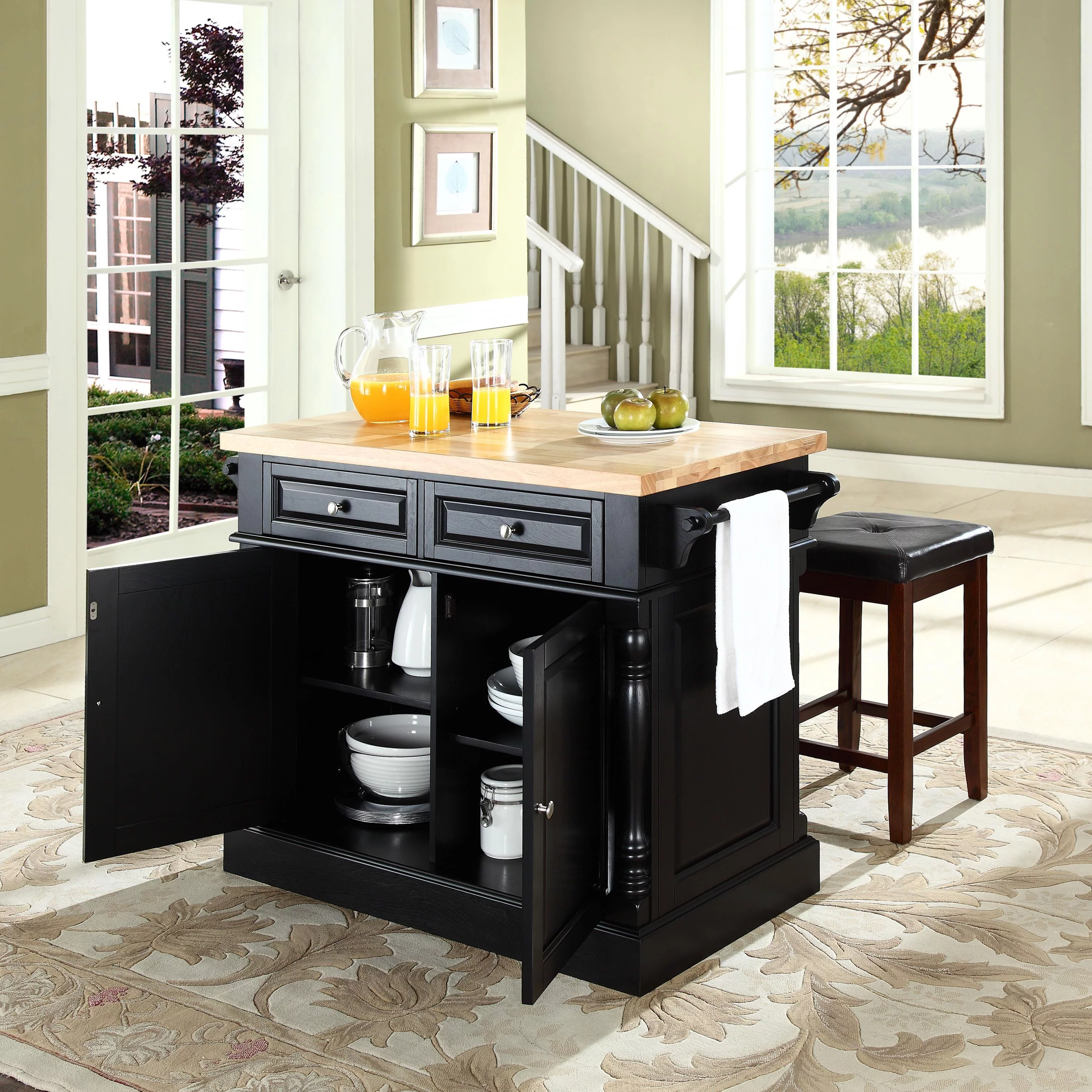 Crosley Furniture Oxford Wood Kitchen Island with Square Stools in Black