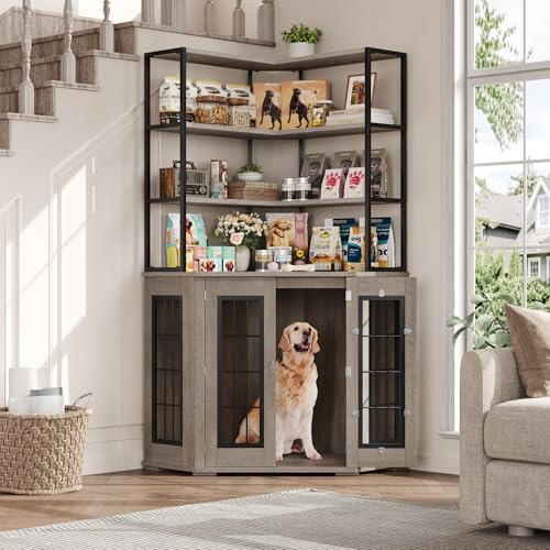 Corner Dog Crate Furniture with Storage, Decorative Large Dog Kennel Indoor Furniture with Double Doors, 2 Safety Locks, 4-Tier Shelves