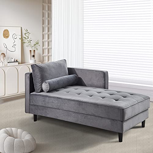 Taikonaut 64" Upholstered Velvet Chaise Lounge with Left Armrest & Lumbar Pillow, Button Tufted Lounge Sofa, Lounge Chair Indoor