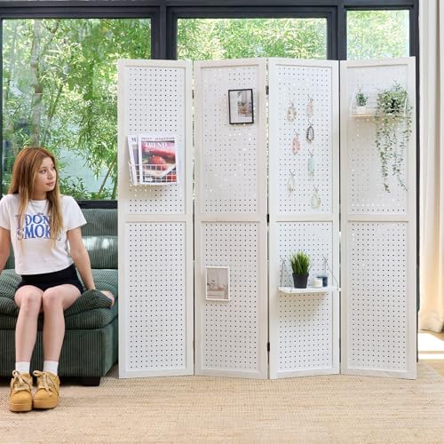 Room Divider Freestanding Folding Pegboard Privacy Screen | 4-Panel Display Stand for Jewelry, Craft Shows, Retail | Natural Wood