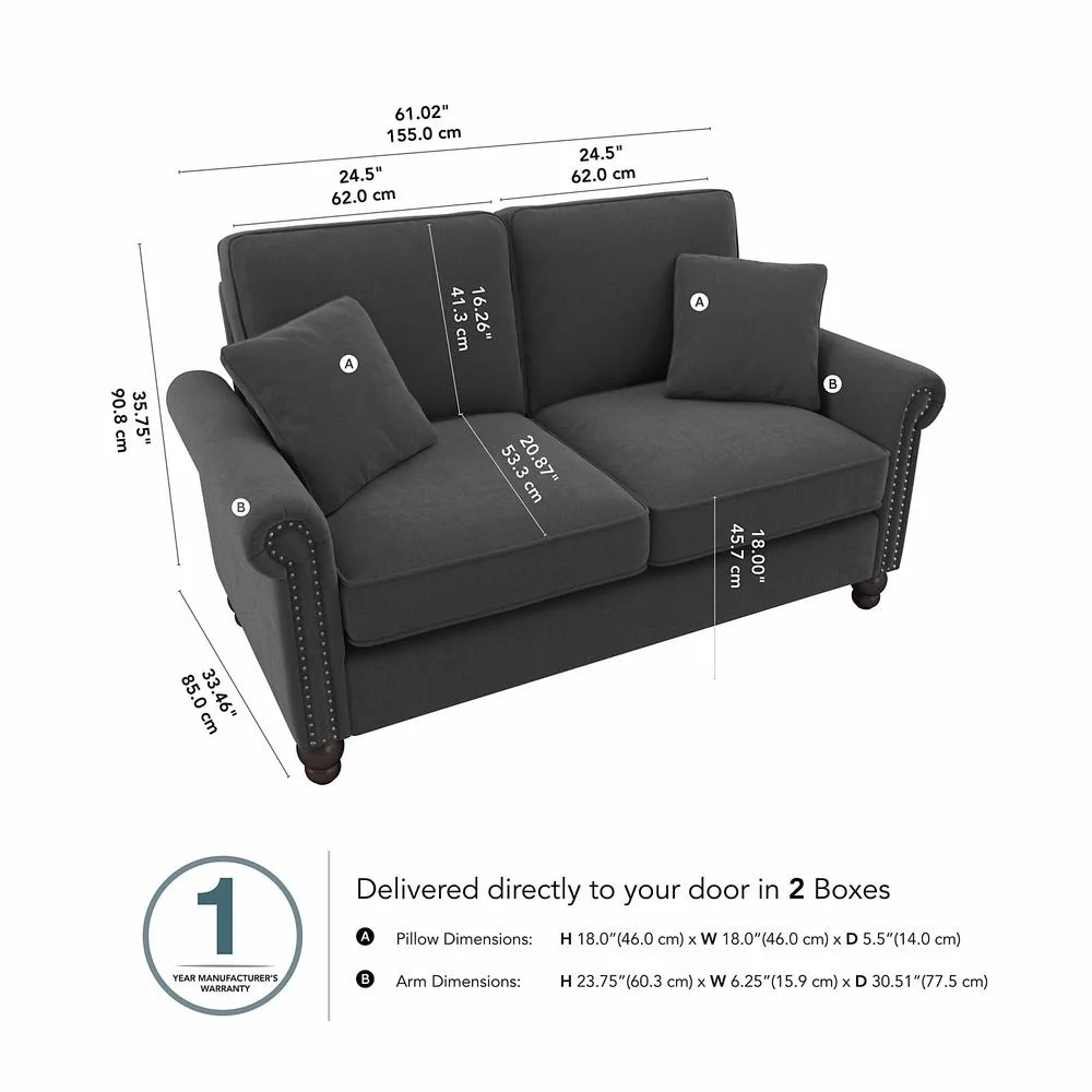 Coventry 61W Loveseat in Charcoal Gray Herringbone Fabric