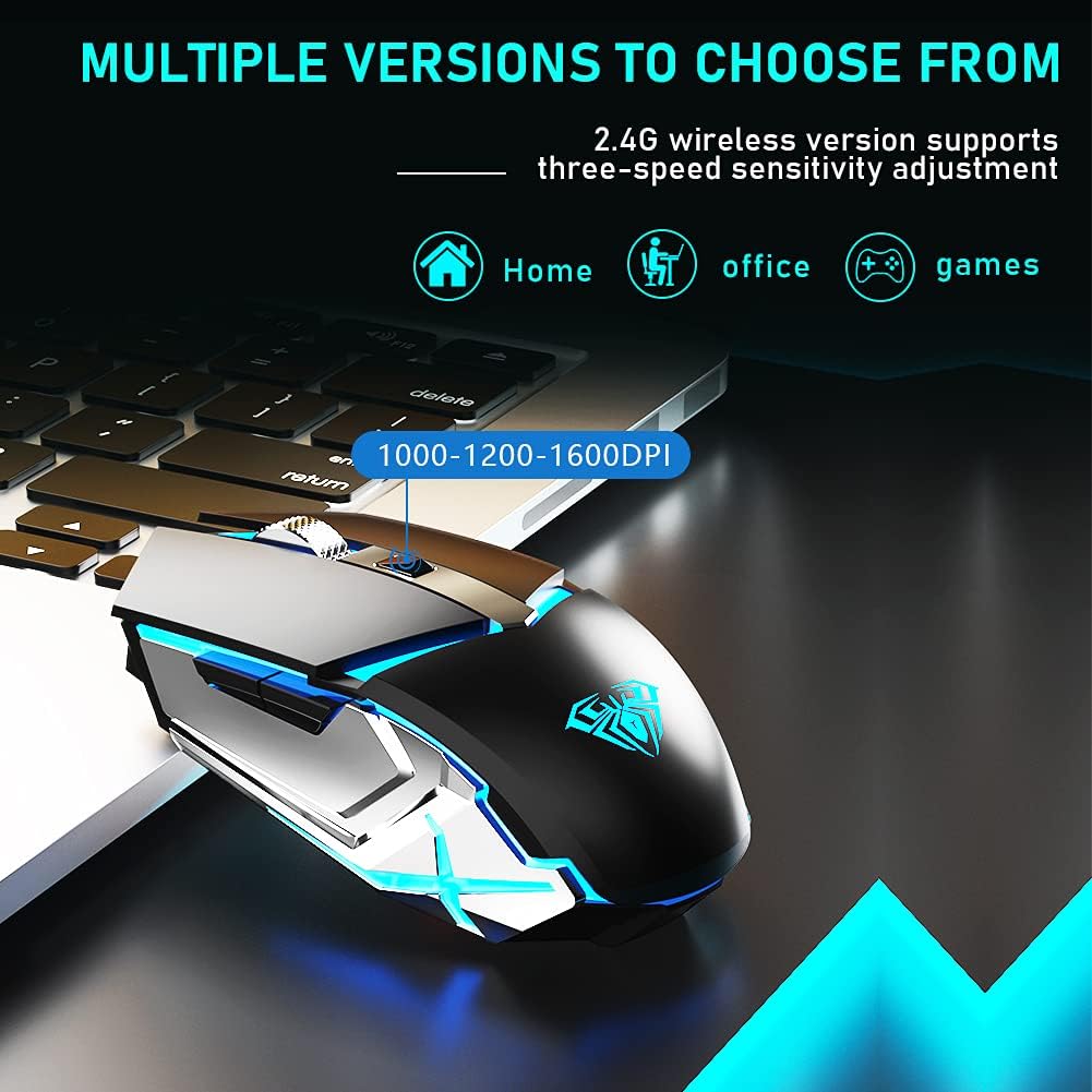 SOLAKAKA LED Wireless Gaming Mouse, 2.4G Cordless & USB Wired Dual-Modes Rechargeable Ergonomic Optical Computer Mice for Office/Games