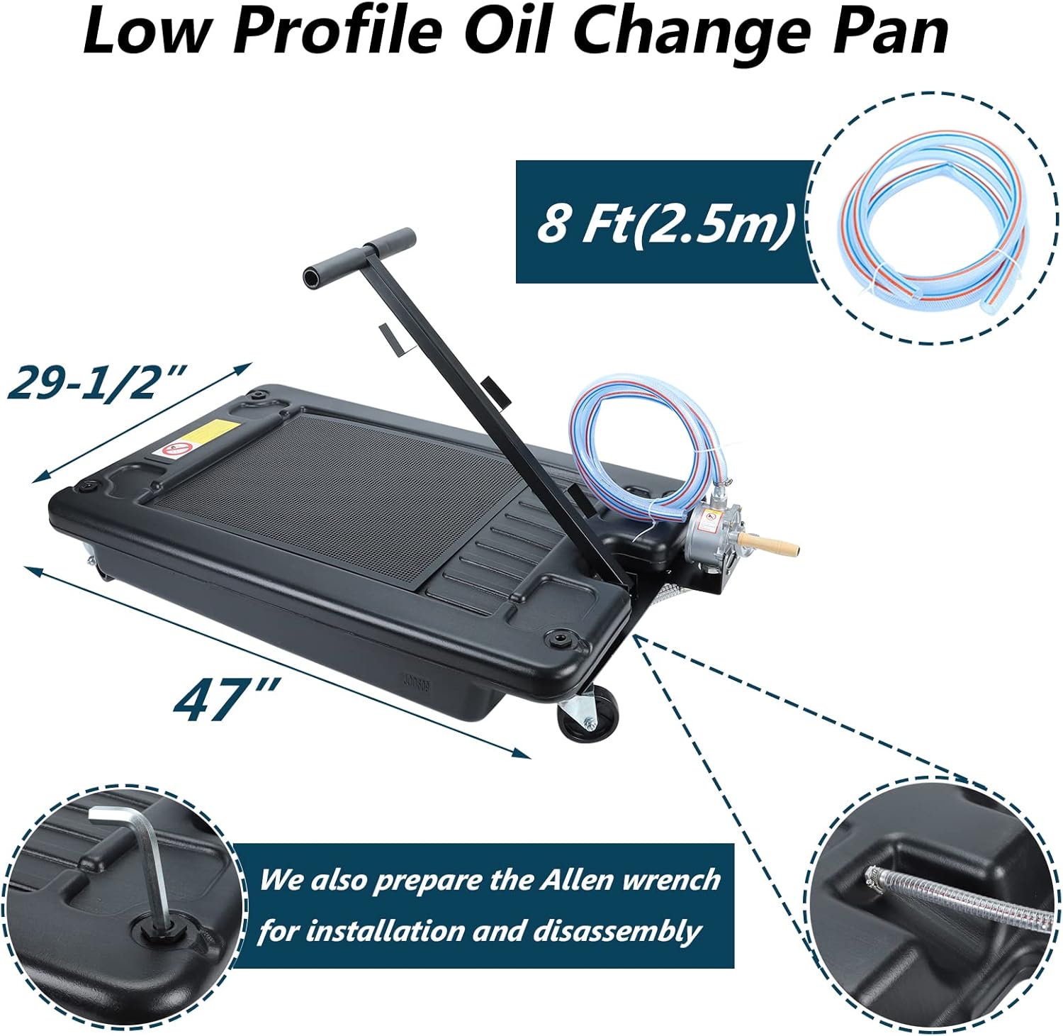 BACLAUGH Low Profile Oil Drain Pan Portable 17 Gallon for Truck Car with Pump 8' Hose