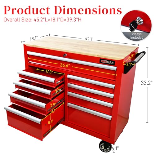 Heavy Duty Rolling Tool Chest with 9-Drawer Wood Top Tool Cart Mechanic Tool Box with Wheels Tool Storage Cabinet Mobile Workbench Tool Bench for