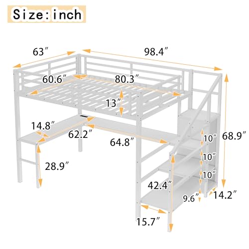 Bellemave Full Size Metal Loft Bed with L Shaped Desk and Wardrobe, Heavy Duty Loft Bed Frame with Storage Stairs