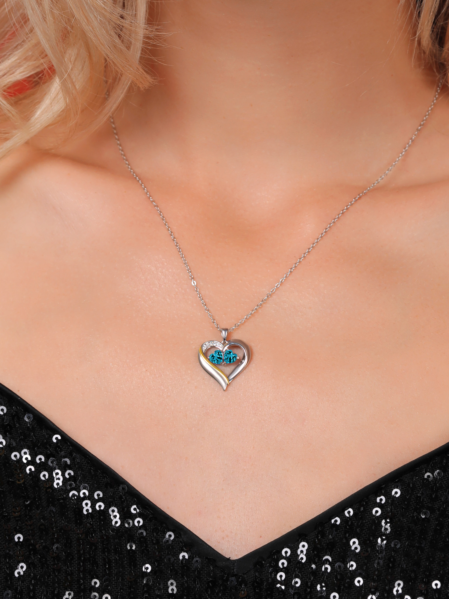 Gem Stone King 925 Silver and 10K Yellow Gold Heart Shape Lab Grown Diamond Pendant Necklace for Women with London Blue Topaz (1.13 Cttw