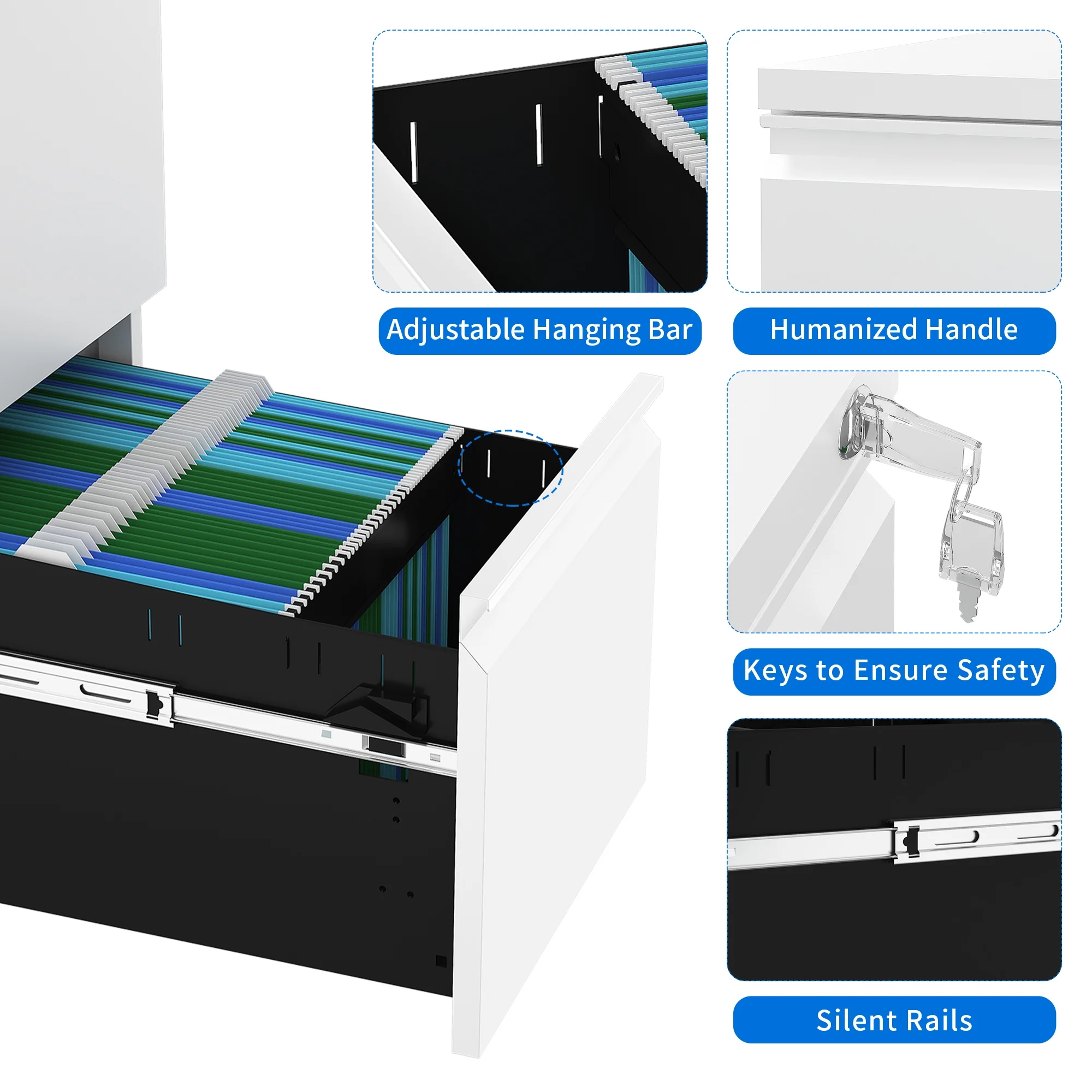2-Drawer Vertical File Cabinet with Lock, Mobile Metal Filing Cabinet for Legal/Letter Size, Pre-Built Office Storage Cabinet, White