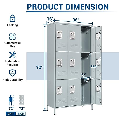 72" Metal Locker for Employees 3 Doors Blue Steel Storage Locker for Office, School, Gym - Metal Storage Cabinets for Home, Office, Gym, School