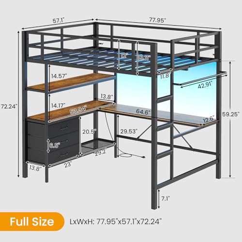 DICTAC Loft Bed Full Size with L-Shaped Desk and Charging Station Full Metal Bed Frame with LED Lights,Open Shelves and 3 Fabric Storage Drawers