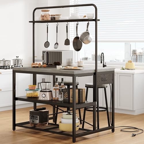 46" Large Kitchen Island Table Baker Rack with Power Outlet and 3-Tier Storage-Microwave Stand Oven Shelf, Metal Coffee Bar Table