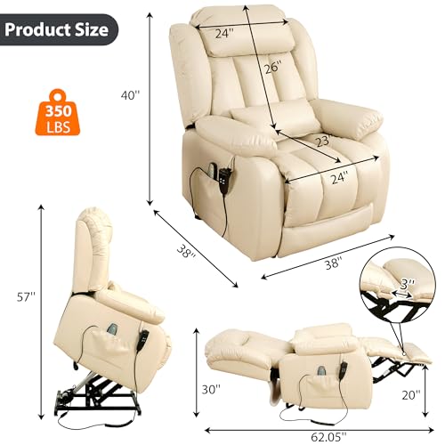 EDILLY Large Genuine Leather Power Lift Recliner Chairs for Elderly, Dual Motor with Massage and Heating,Double Lumbar Cushion and Extended Footrest
