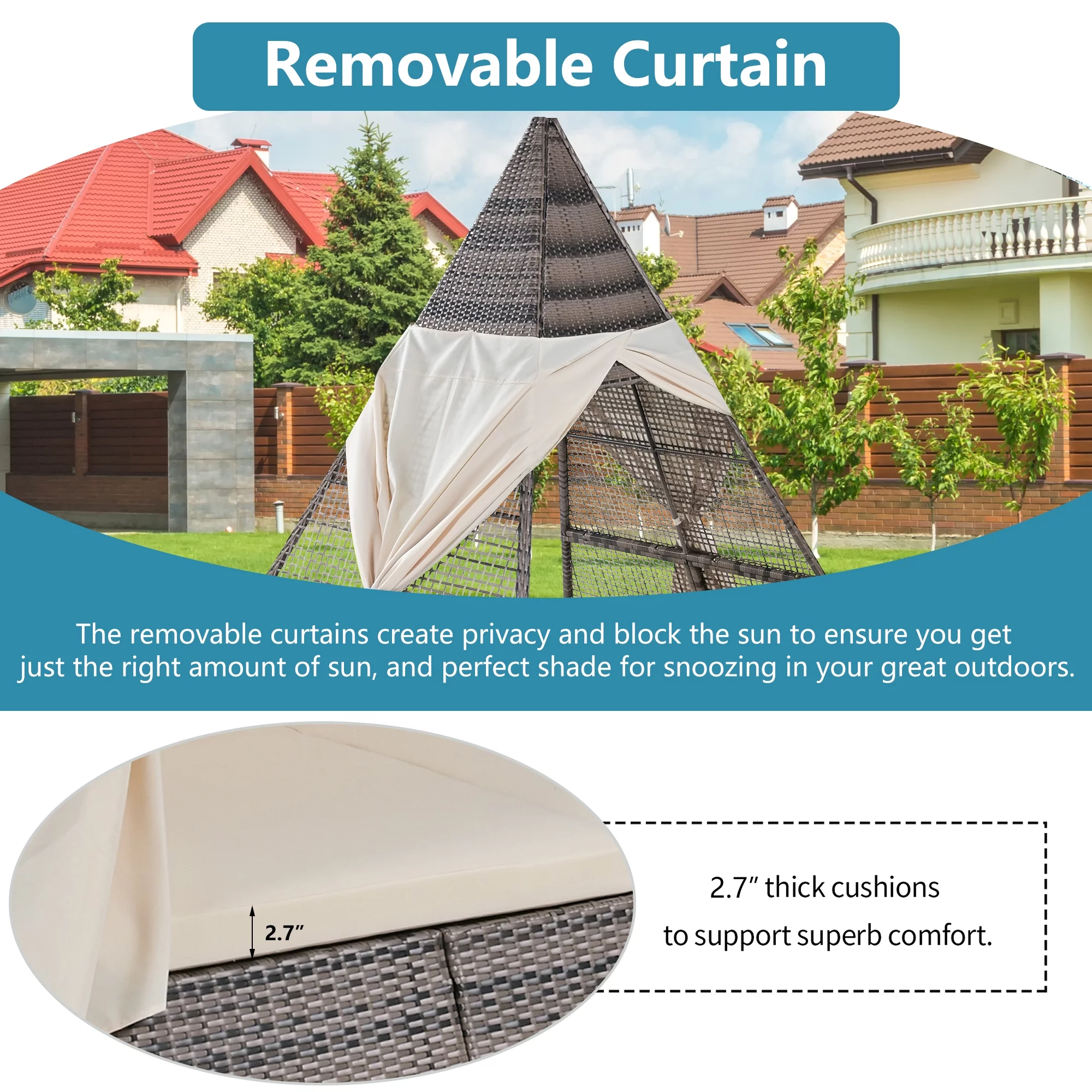 Syngar Outdoor Patio Sunbed with Removable Curtain, All Weather PE Wicker Tent-Shaped Daybed with Beige Cushions and Colorful Pillows