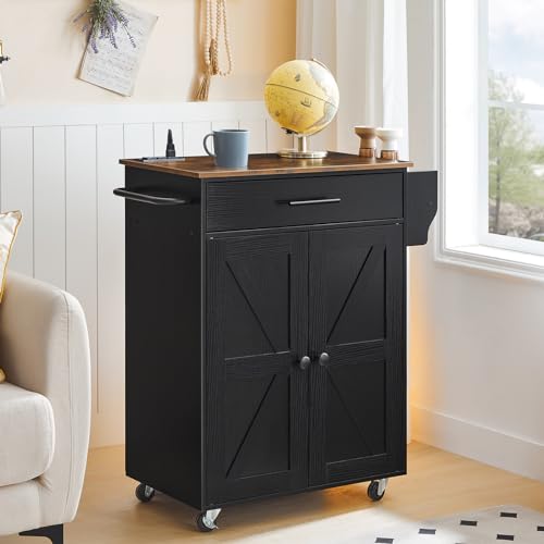 HOOBRO Kitchen Island with Power Outlet, Kitchen Island Storage Island with Large Worktop, Spice Rack and Drawer, Rolling Kitchen Cart on Wheels