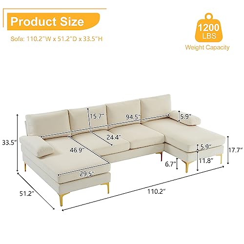 Karl home Convertible Sectional Sofa 110" U-Shape Sofa Couch 4-Seat Couch with Chaise ChenilleFabric Upholstered for Living Room, Apartment, Office