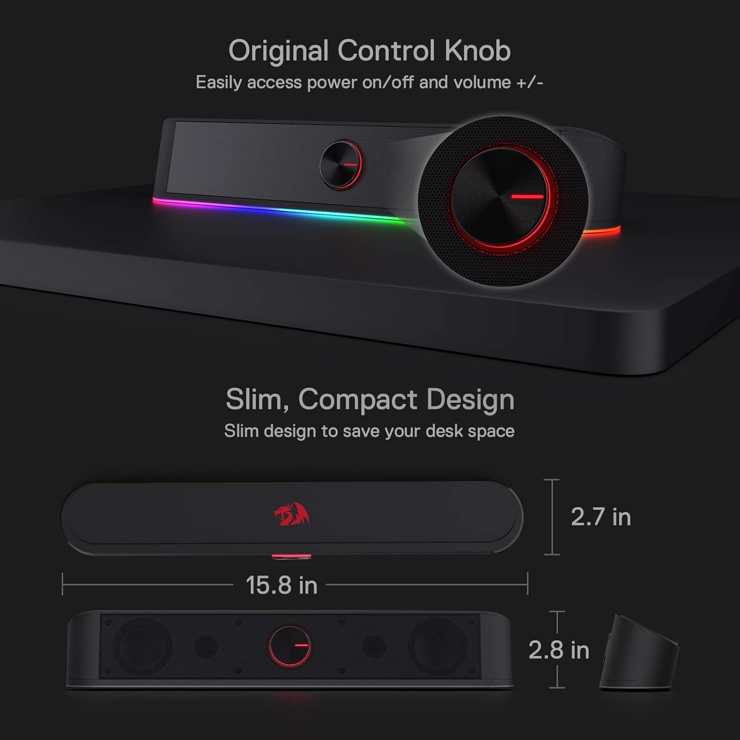 Redragon GS560 Adiemus RGB Desktop Soundbar, 2.0 Channel Computer Speaker with Dynamic Lighting Bar Audio-Light Sync/Display
