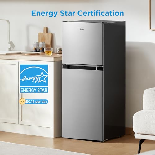 Midea WHD-113FB1 Double Door Mini Fridge with Freezer for Bedroom Office or Dorm with Adjustable Remove Glass Shelves Compact Refrigerator, 3.1 cu ft