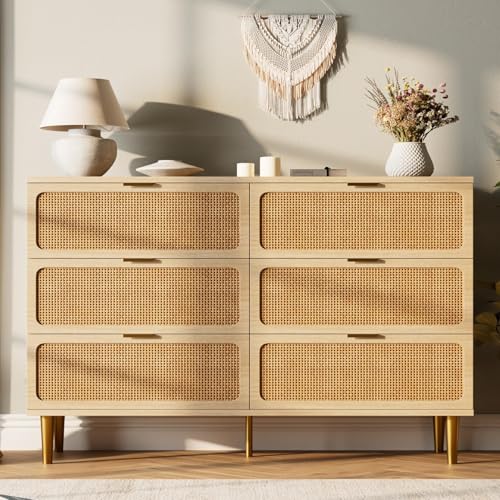 Rattan 5 Drawer Dressers for Bedroom, Tall Dresser with Deep Drawers, Large Chest of Drawers for Closet with Wide Top