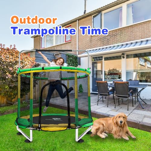 Trampoline for Kids, 5FT Adjustable for Toddler, Indoor/Outdoor Baby Trampoline with Enclosure Net, No-Gap Safe Design, Gifts for Boys & Girls
