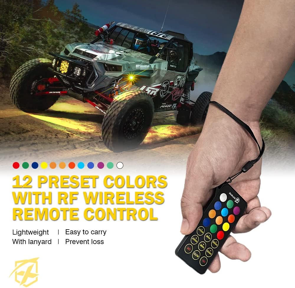 Xprite RGBW LED Rock Lights Kit w/Bluetooth & Wireless Remote Controller, Multicolor Cars Underglow, Whee Well, Footwell Neon Light Kits