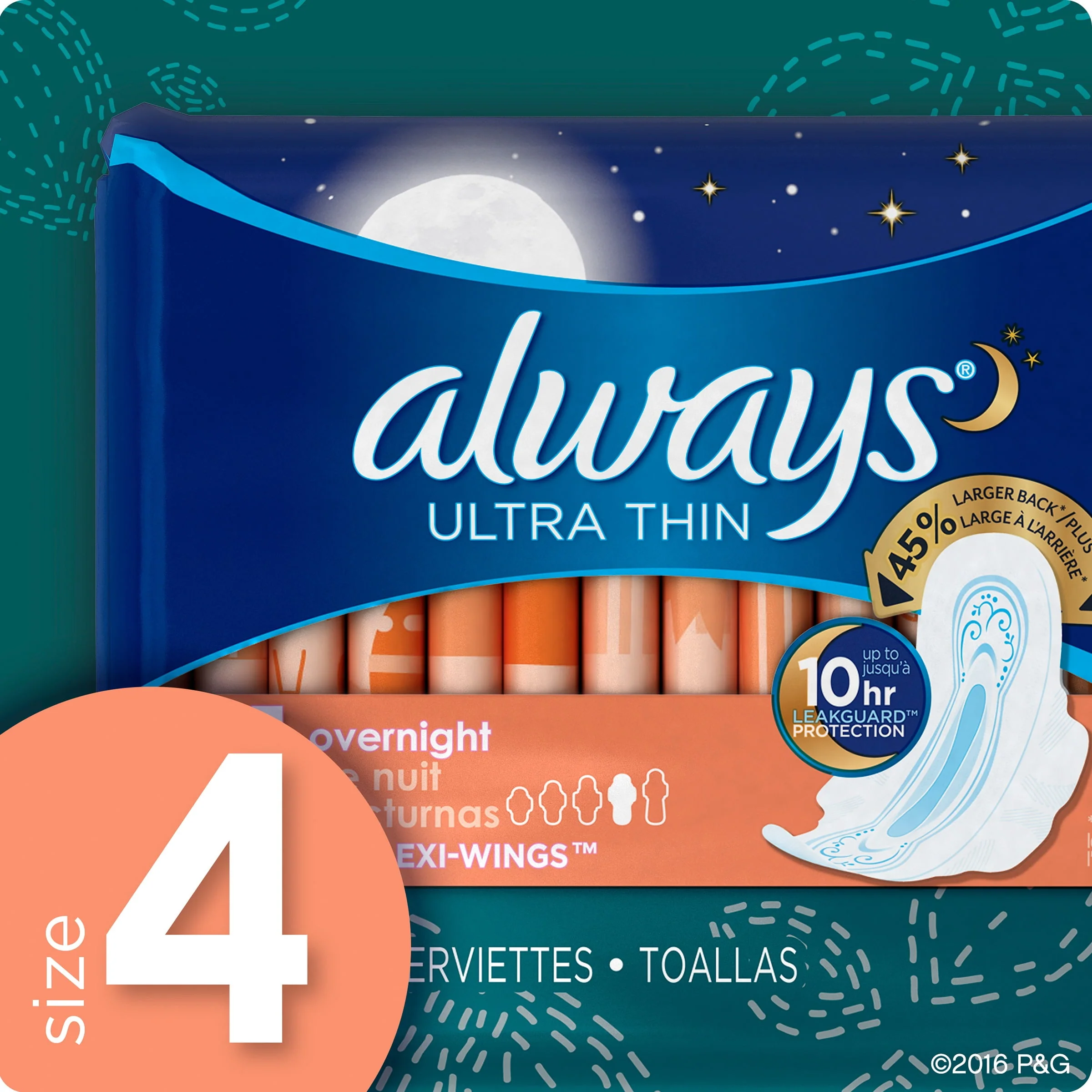 Always Ultra Thin Overnight Pads with Wings, Size 4, Overnight Absorbency, 36 Count