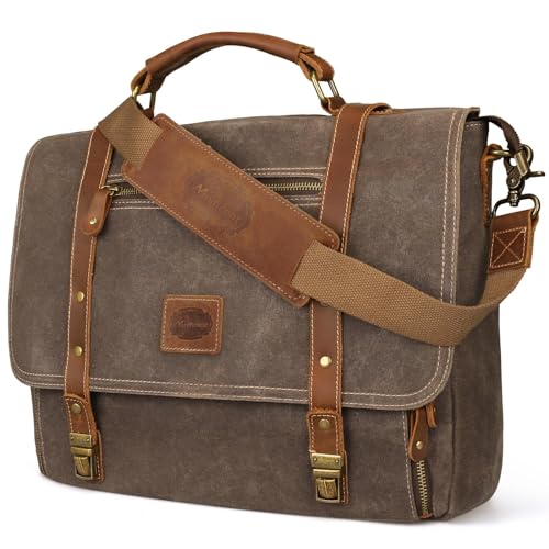 Laptop Messenger bag for Mens 15.6 Inch, Waterproof Vintage Genuine Leather Mens Briefcase shoulder bag 16 Storage Pockets
