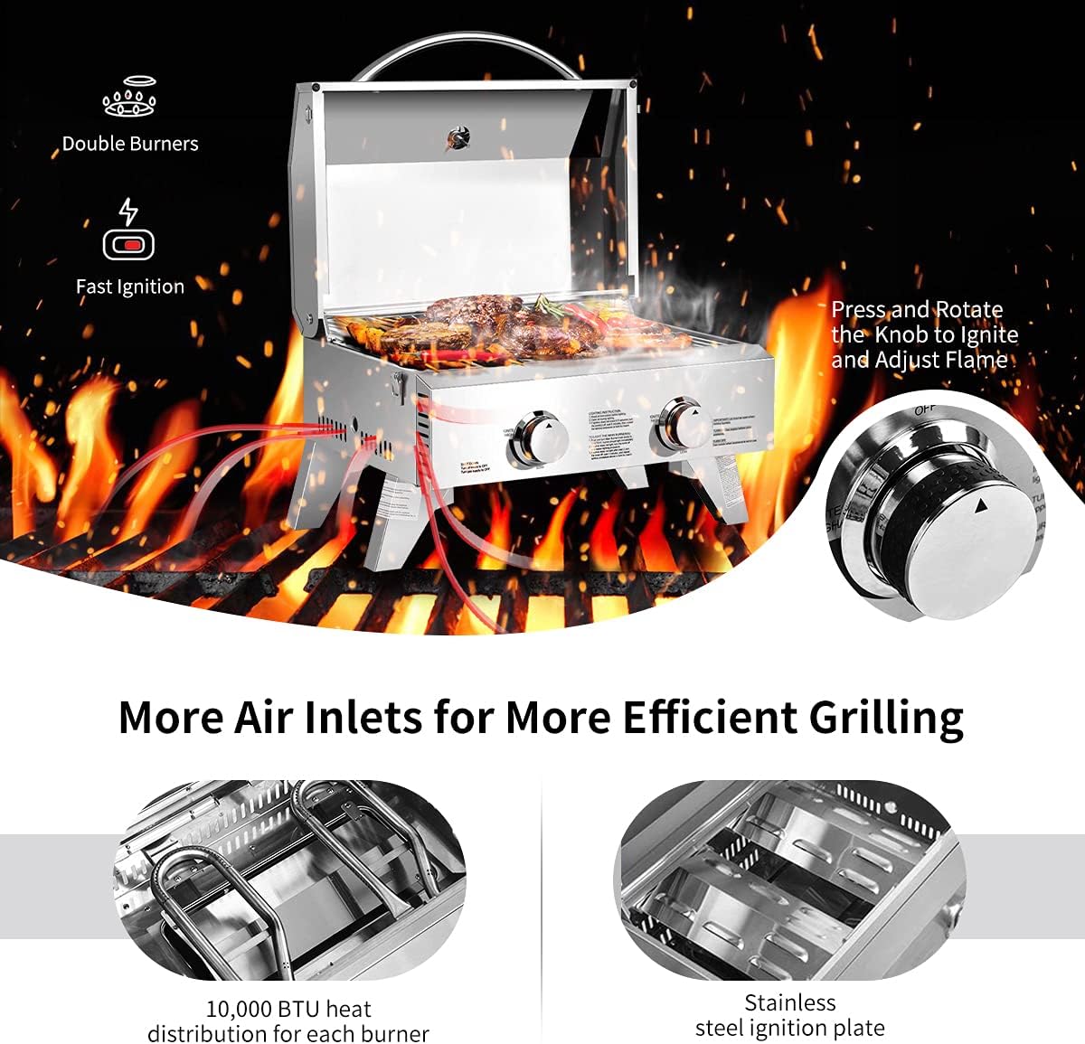 Happygrill Portable Gas Grill Stainless Steel Propane Grill Two-Burner Outdoor BBQ Grill with Foldable Leg for Camping Picnics, 20000 BTU