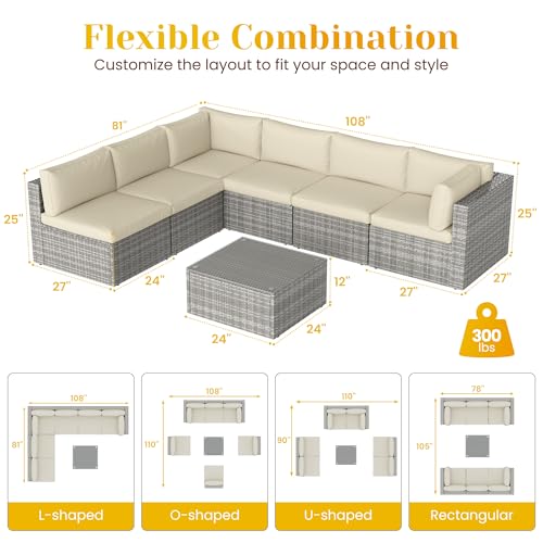 7 Pieces Outdoor Patio Furniture Sets with Glass Tea Table, PE Rattan Wicker Patio Conversation Set with Washable Cushions
