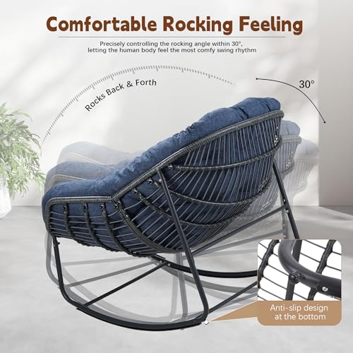 Outdoor Indoor Rocking Chair, Patio Wicker Egg Chair, Indoor & Outdoor Comfy Oversized Papasan Chair with Padded Cushion