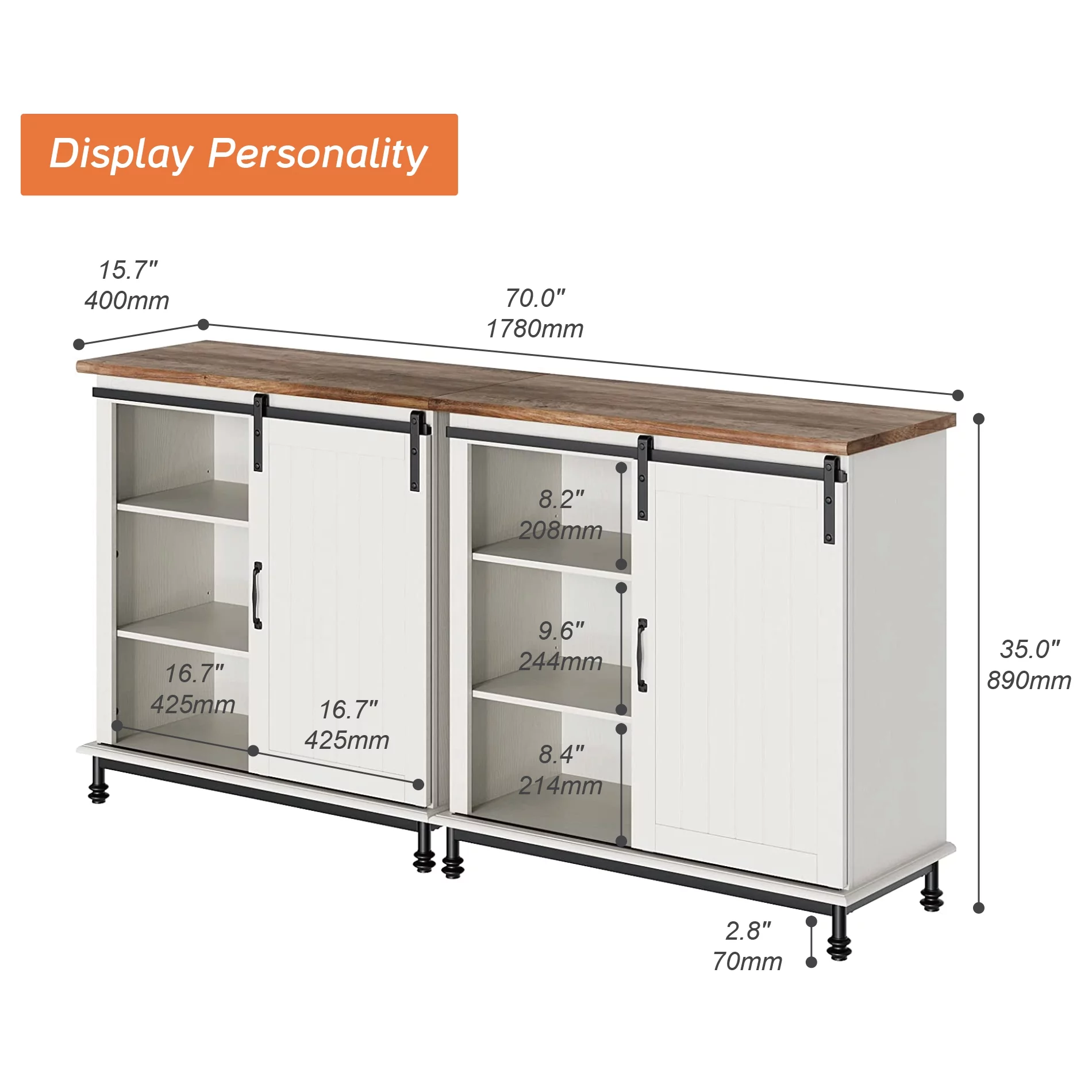 WAMPAT 70" Farmhouse TV Stand with Sliding Barn Door,LED Entertainment Center for Living Room, Storage Buffet Cabinet