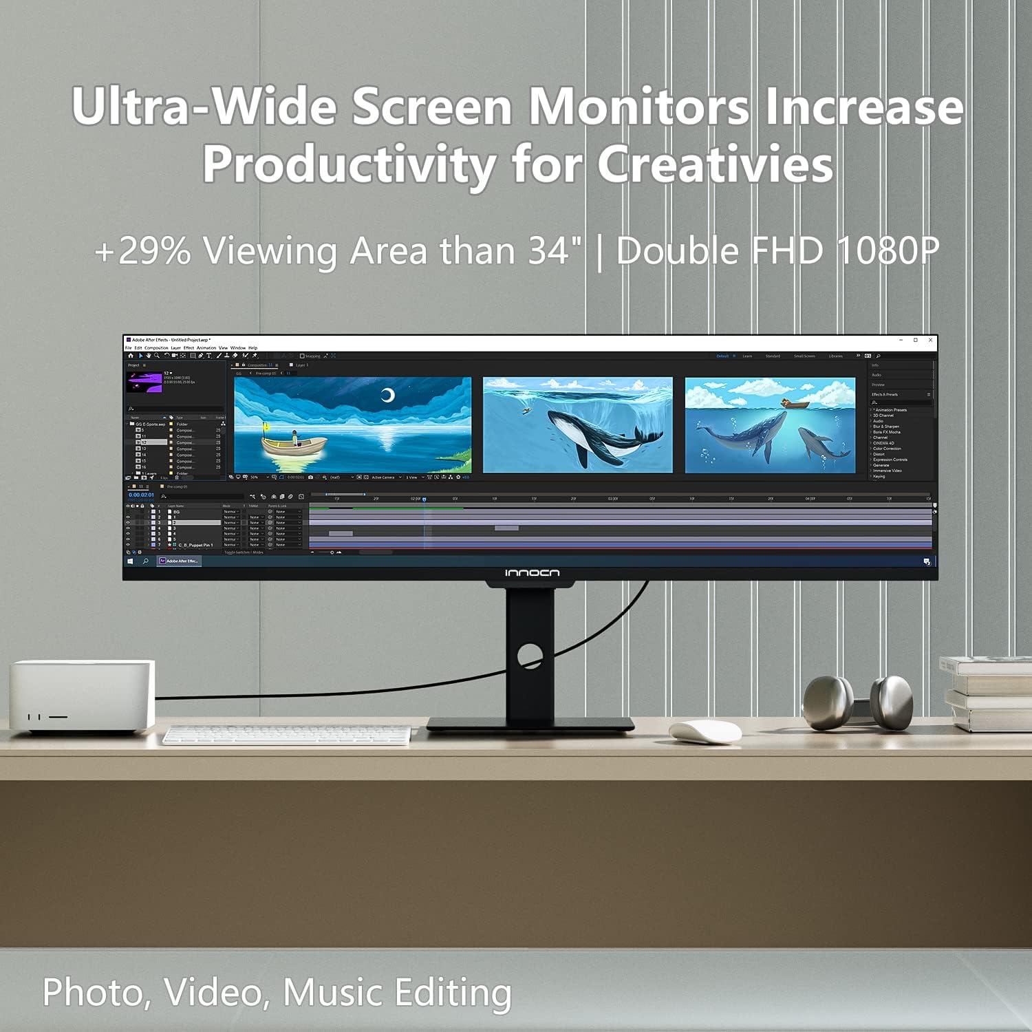 INNOCN 44C1G Ultrawide Monitor 43.8" WFHD 3840 x 1080p 120Hz Monitor 32:9 IPS Computer Split Screen Monitor 96% DCI-P3 HDR400 FreeSync Premium USB