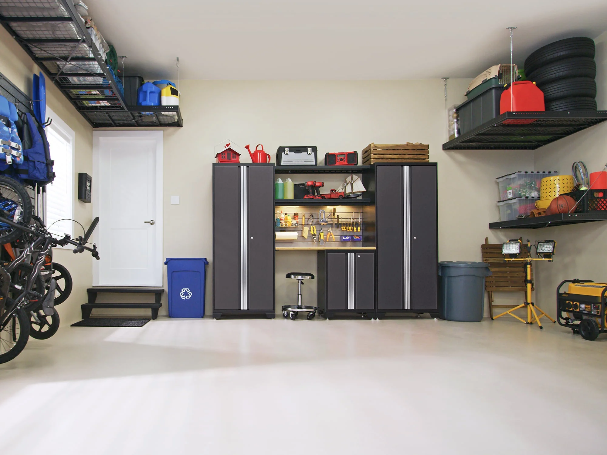 NewAge Products Bold Series Gray 8 Piece Cabinet Set, Heavy Duty 24-Gauge Steel Garage Storage System, Wall Mounted Shelf Included