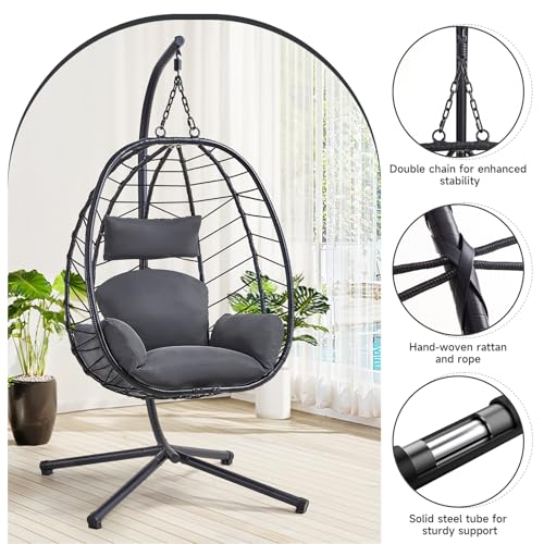 Hanging Egg Chair with Stand, Outdoor Indoor Egg Swing Chair with Cushion Headrest, Wicker Rattan Egg Chair with Dual Chains