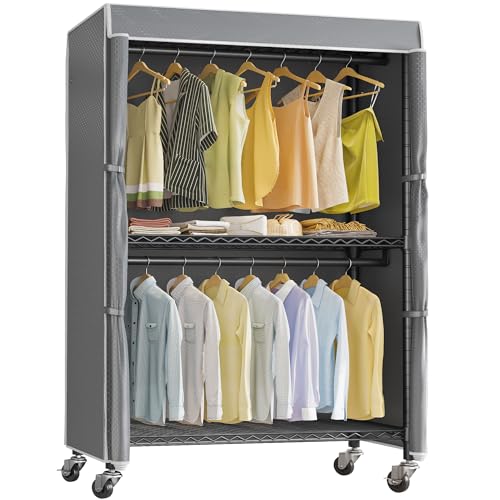 VIPEK R2C Medium Rolling Garment Rack with Cover Heavy Duty Clothes Rack Adjustable Clothing Rack for Hanging Clothes Portable Closets with Double