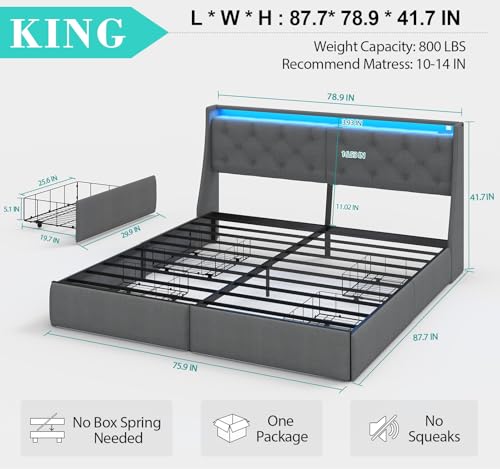 Queen Bed Frame with 2 Storage Drawers, Platform Bed Frame Queen Size with LED Light, Upholstered Headboard, Charging Station, Steel Slat Support